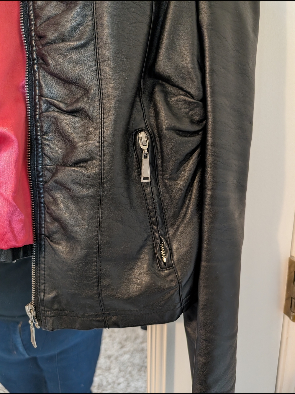 Black Faux Leather Women’s Motorcycle Jacket with Pink Lining Size XL - Picture 5 of 8